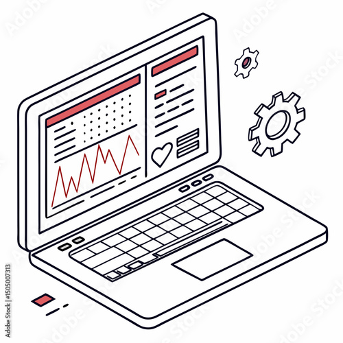 Vector illustration of laptop running diagnostic software, isolated on transparent white background