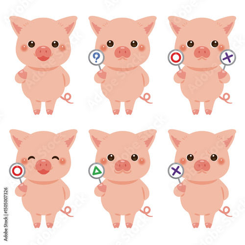 ○×△の札を持ったブタのキャラクターイラストセット