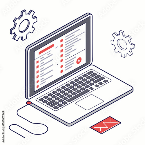 Vector illustration of laptop running diagnostic software, isolated on transparent white background