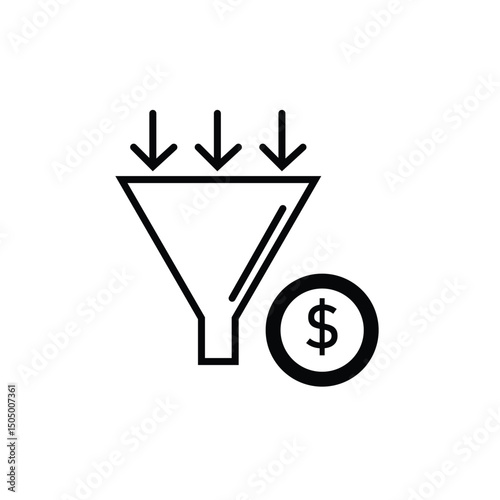 Black and white vector icon illustrating a marketing funnel converting leads into revenue, represented by arrows flowing into a funnel and a dollar sign. Ideal for business, SEO, and sales content.