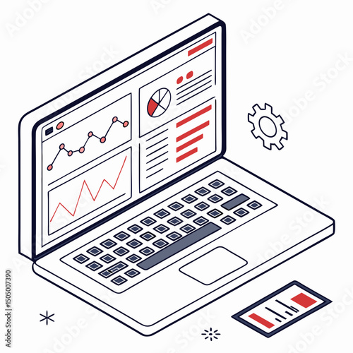 Vector illustration of laptop running diagnostic software, isolated on transparent white background