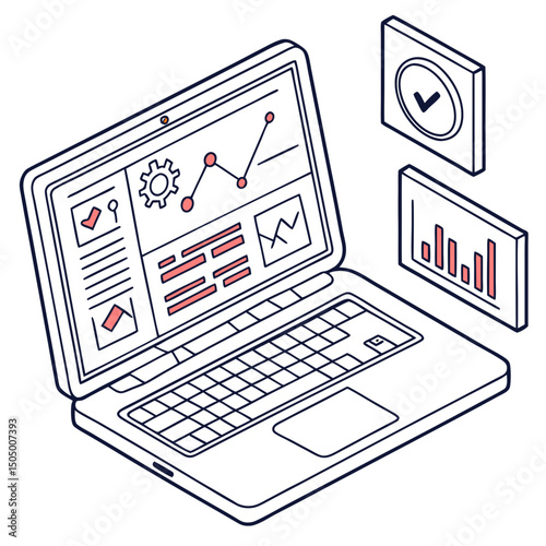 Vector illustration of laptop running diagnostic software, isolated on transparent white background