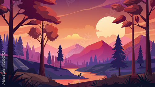 Sunset Landscape. Serene River and Majestic Mountains