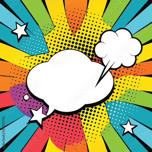 Colorful comic book background.Blank white speech bubbles of different shapes. Rays, radial, halftone, dotted effects. Vector illustration in pop art style