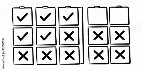 Hand Drawn Check Marks and Crosses in Boxes for Voting or Surveys