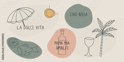 Italian Summer Vibes Illustration with Food Drink and Greetings on Beige Background