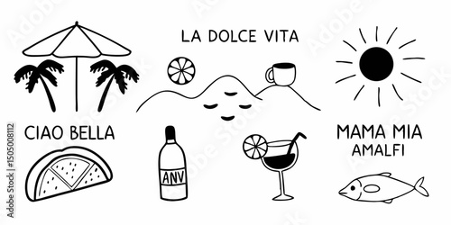 Hand Drawn Italian Summer Icons Set with La Dolce Vita Theme