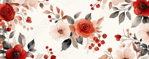 A seamless floral pattern featuring hand-painted abstract flowers, delicate leaves, and berries in a rustic vintage style on a soft background.