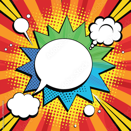 Colorful comic book background.Blank white speech bubbles of different shapes. Rays, radial, halftone, dotted effects. Vector illustration in pop art style