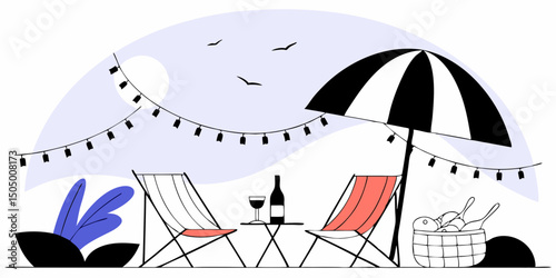 Relaxing beach picnic with wine and string lights in minimalist style