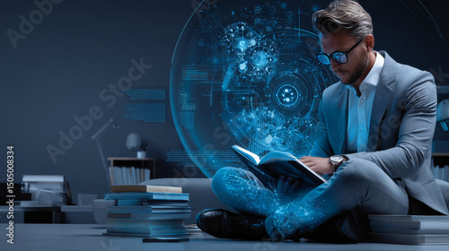 Businessman points at E-learning as a revolutionary approach to education that utilizes digital technology to facilitate learning anytime and anywhere. E-learning encompasses educational resources.