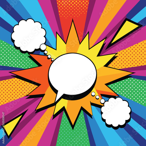 Colorful comic book background.Blank white speech bubbles of different shapes. Rays, radial, halftone, dotted effects. Vector illustration in pop art style