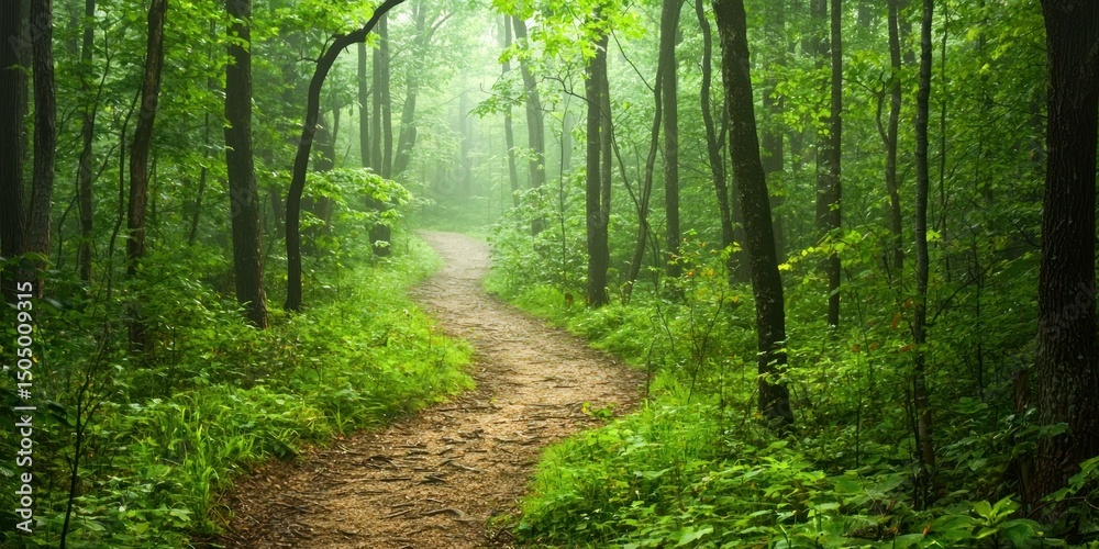 Fototapeta premium A winding dirt path barely visible through the thick morning mist in a peaceful woodland