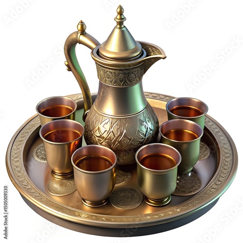 3d illustration. Golden Coffee Set with Intricate Engravings on Tray and Cups Isolated. 3d Rendering