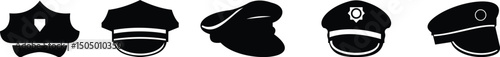 Black police hat icon set in flat style. Police officer uniform item with badge. Realistic policeman uniform headgear vector from law and justice for mobile app isolated on transparent background.