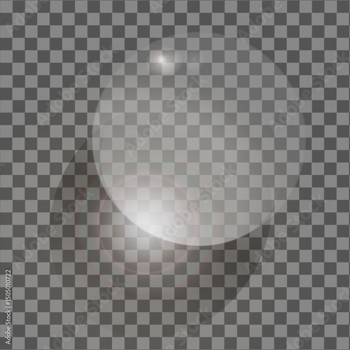 Big translucent clear crystal ball sphere with glares and shadow on transparent background. Transparency only in vector format