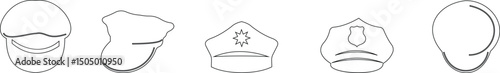 Black police hat icon set in flat style. Police officer uniform item with badge. Realistic policeman uniform headgear vector from law and justice for mobile app isolated on transparent background.