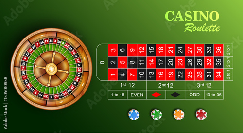 Casino roulette wheel with ball and stack of poker chips. Top View. EPS10 vector