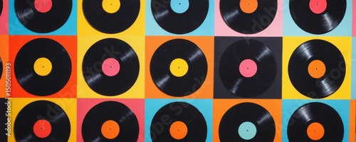 Vibrant grid of diverse vinyl records in bright yellow background, featuring unique designs in varied sizes and colors.
