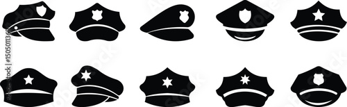 Black police hat icon set in flat style. Police officer uniform item with badge. Realistic policeman uniform headgear vector from law and justice for mobile app isolated on transparent background.