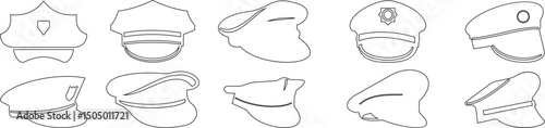 Black police hat icon set in flat style. Police officer uniform item with badge. Realistic policeman uniform headgear vector from law and justice for mobile app isolated on transparent background.