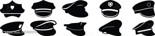Black police hat icon set in flat style. Police officer uniform item with badge. Realistic policeman uniform headgear vector from law and justice for mobile app isolated on transparent background.