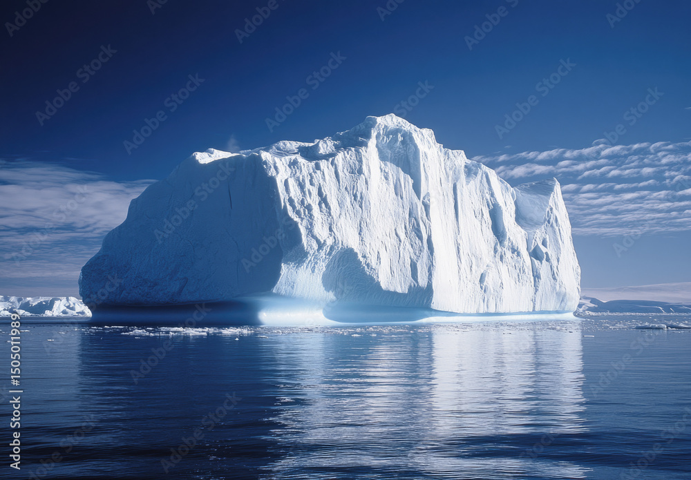 Massive iceberg floats on tranquil blue water under a vibrant blue sky Massive iceberg floats on tranquil blue water under a vibrant blue sky