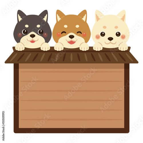木製看板に乗った柴犬たちのキャラクターイラスト