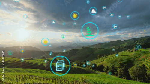 Innovative Agriculture Technology with Data Visualization Symbols Over Lush Green Terraces: Advanced Farming in the Digital Age