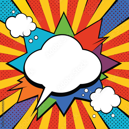 Colorful comic book background.Blank white speech bubbles of different shapes. Rays, radial, halftone, dotted effects. Vector illustration in pop art style