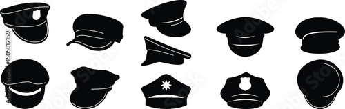 Black police hat icon set in flat style. Police officer uniform item with badge. Realistic policeman uniform headgear vector from law and justice for mobile app isolated on transparent background.