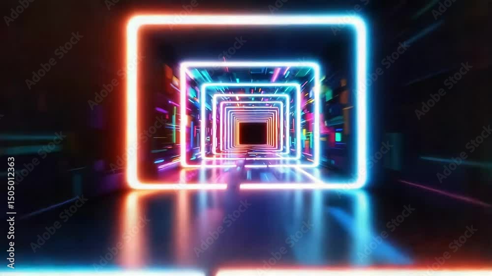 Dynamic futuristic tunnel with neon lights and reflections in abstract digital space