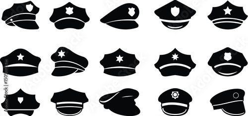 Black police hat icon set in flat style. Police officer uniform item with badge. Realistic policeman uniform headgear vector from law and justice for mobile app isolated on transparent background.
