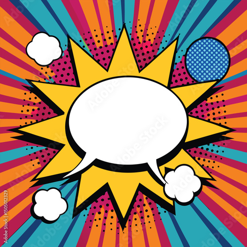 Colorful comic book background.Blank white speech bubbles of different shapes. Rays, radial, halftone, dotted effects. Vector illustration in pop art style