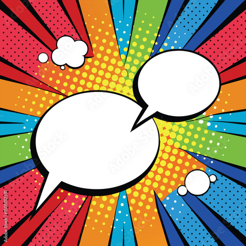 Colorful comic book background.Blank white speech bubbles of different shapes. Rays, radial, halftone, dotted effects. Vector illustration in pop art style