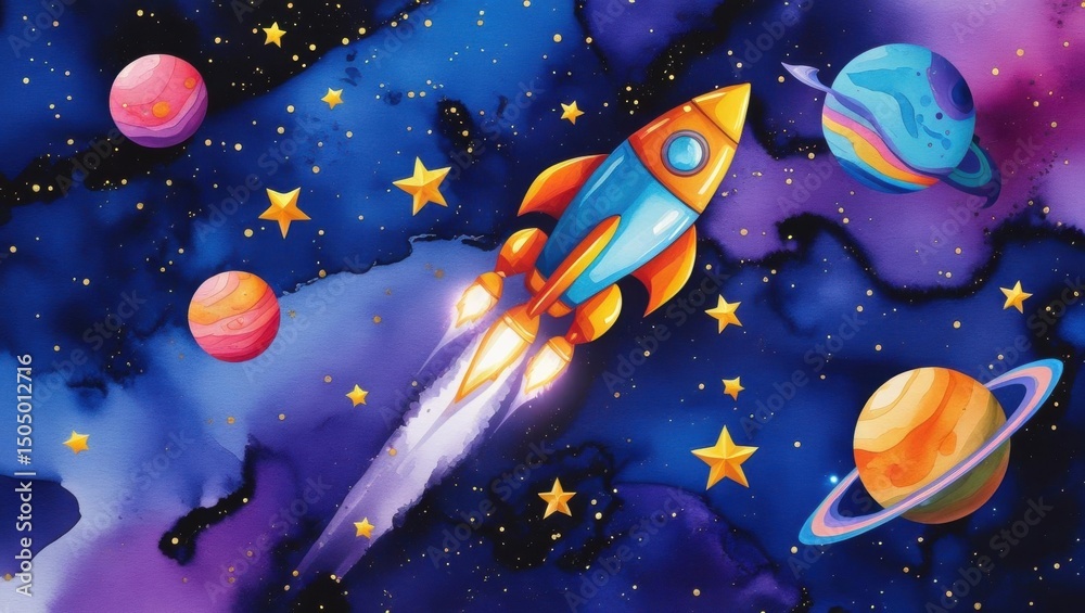 Naklejka premium A colorful rocket travels through a vibrant, star-filled galaxy with planets and nebulae in the background.