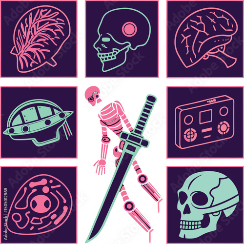 futuristic skeleton brain skull sword sci fi art