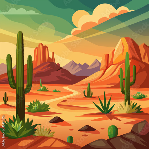 Majestic Desert Landscape. Cacti. Mountains. and Setting Sun