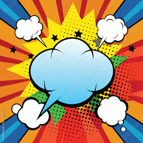 Colorful comic book background.Blank white speech bubbles of different shapes. Rays, radial, halftone, dotted effects. Vector illustration in pop art style