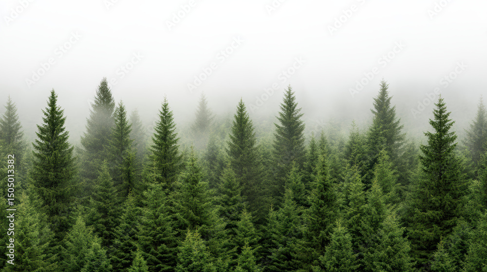 Fototapeta premium Lush green forest shrouded in soft mist, creating serene and tranquil atmosphere