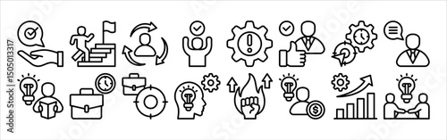Mentoring icon collection set. Containing Working Time, Focus, Knowledge, Motivation, Entrepreneurs, Growing and Mentoring.