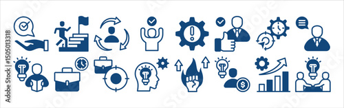 Mentoring icon collection set. Containing Working Time, Focus, Knowledge, Motivation, Entrepreneurs, Growing and Mentoring.