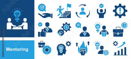 Mentoring icon collection set. Containing Working Time, Focus, Knowledge, Motivation, Entrepreneurs, Growing and Mentoring.
