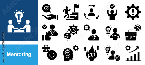 Mentoring icon collection set. Containing Working Time, Focus, Knowledge, Motivation, Entrepreneurs, Growing and Mentoring.
