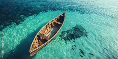 A wooden canoe drifting on a calm lagoon with fish swimming below