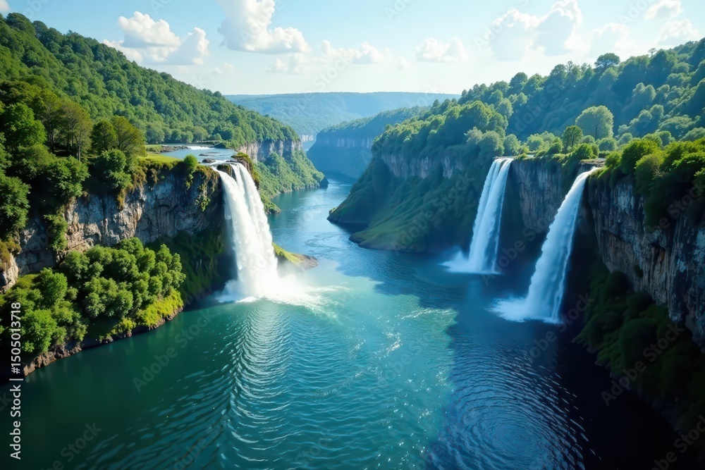 Fototapeta premium Steep cliffs frame multiple tiered falls plunging into a wide lake, water, high