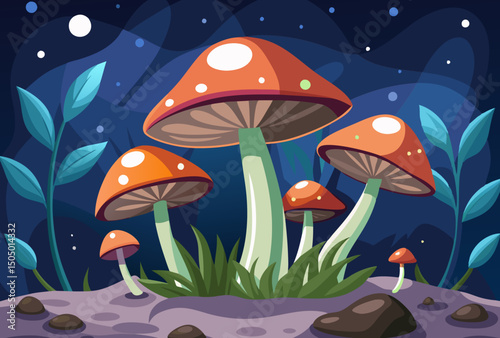 Magical Glowing Mushrooms at Night. Fantasy Forest Art