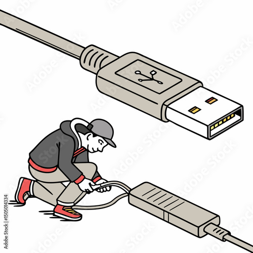 Vector illustration of broken usb cable being fixed, isolated on transparent background