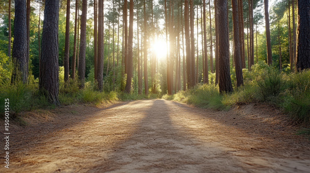 Obraz premium Serene dirt path surrounded by tall trees, sunlight filtering through forest canopy