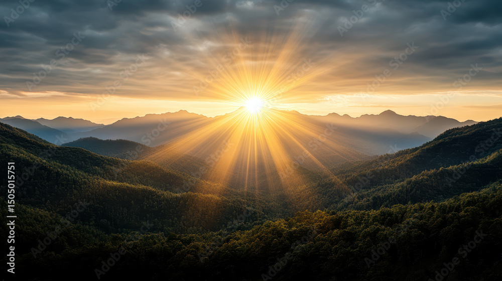 Obraz premium Golden sunrise illuminating serene mountain range with dramatic clouds and lush greenery